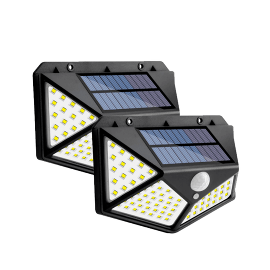 Duas luminárias solares lado a lado, com painel no topo e faces de LED