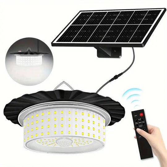 Pendente solar preto com 244 LEDs brancos, painel separado e controle remoto