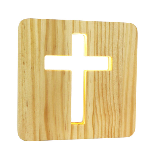 Cruz de Madeira com LED Branco Quente – Luminária de Mesa