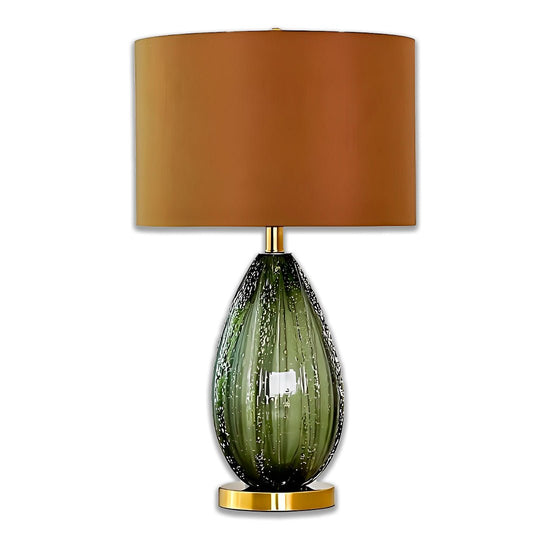 Abajur com base de vidro verde em forma de gota, cúpula marrom e disco dourado