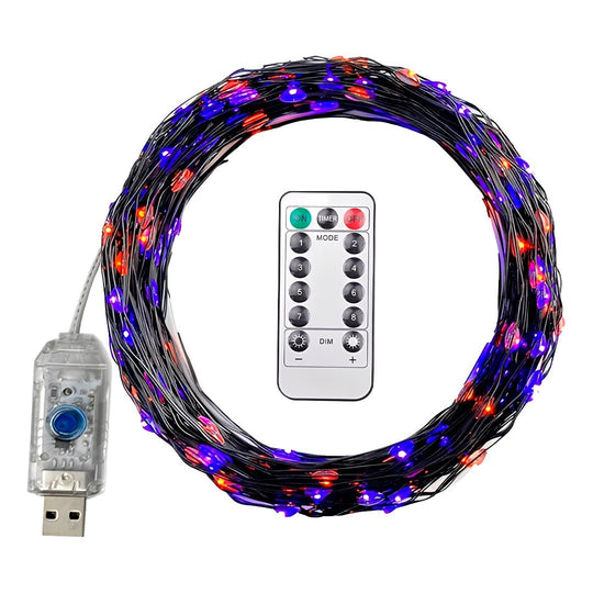Fio preto enrolado com LEDs laranja e roxos, plugue USB com botão e controle remoto