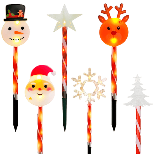 Seis modelos de espeto: boneco de neve, estrela, rena, Papai Noel, floco e árvore