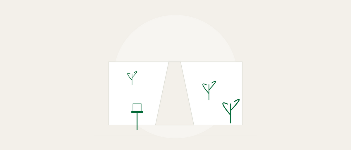 Ilustração editorial de um jardim pequeno com plantas em três planos e passagem livre.