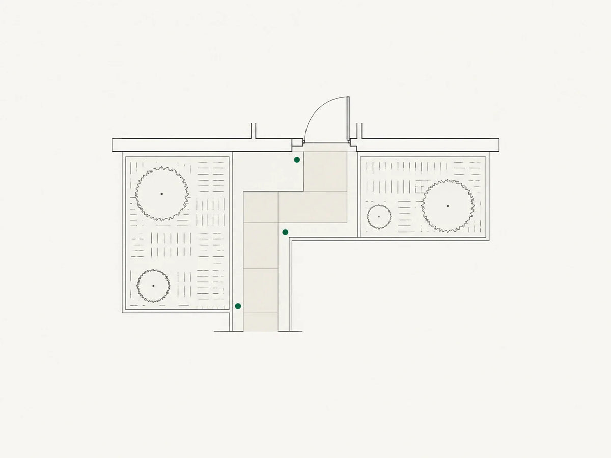 Planta conceitual de entrada, caminho e canteiros, com três pontos verdes indicando posições ilustrativas para iluminação.