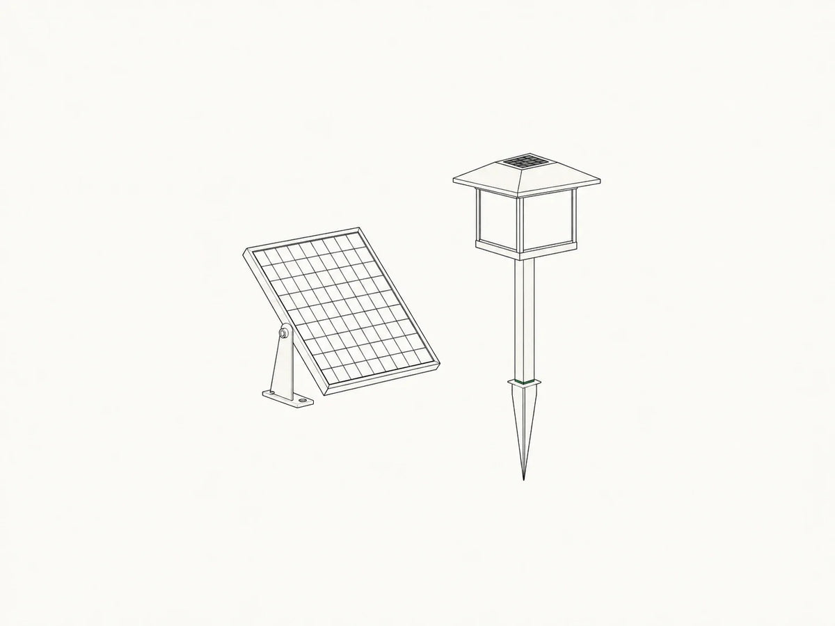 Desenho em traço fino de um painel fotovoltaico e uma luminária solar de jardim, sobre fundo claro.