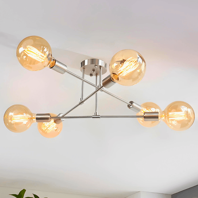 Lustre sputnik prata de hastes cruzadas com seis lâmpadas de filamento âmbar no teto