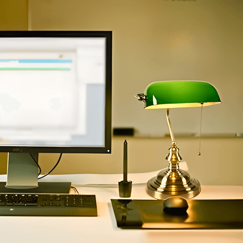 Abajur verde aceso ao lado de monitor e teclado numa mesa de home office
