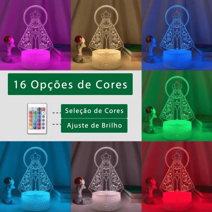 Montagem com a figura acesa em várias cores e o controle de cor e brilho