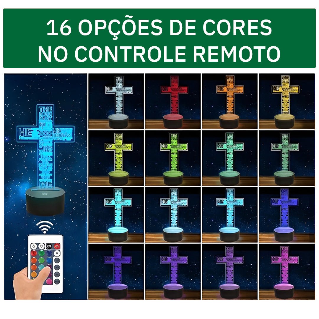 Cruz com o texto gravado em 16 cores diferentes e o controle remoto ao lado