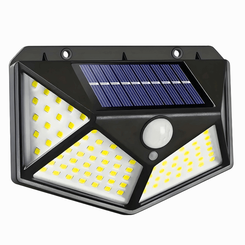 Luminária solar de parede com 100 LEDs em quatro faces, painel no topo e sensor
