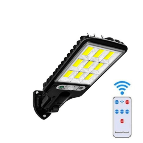 Refletor solar preto com blocos de LED COB e controle remoto ao lado