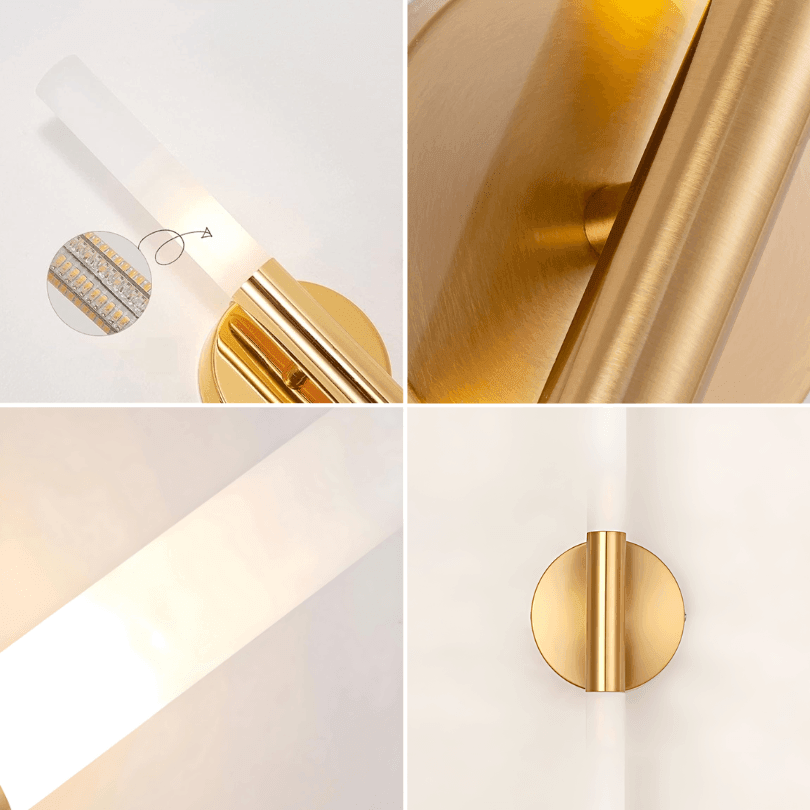 Quatro detalhes da arandela, com fita de LED no tubo, metal dourado e placa redonda