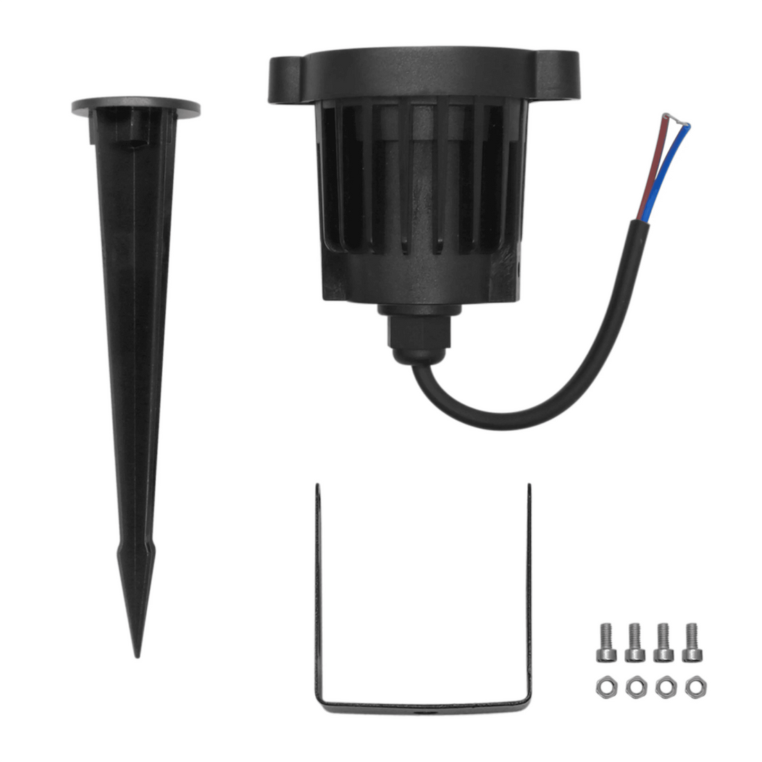 Espeto preto, refletor com cabo, suporte em U, parafusos e porcas sobre fundo branco
