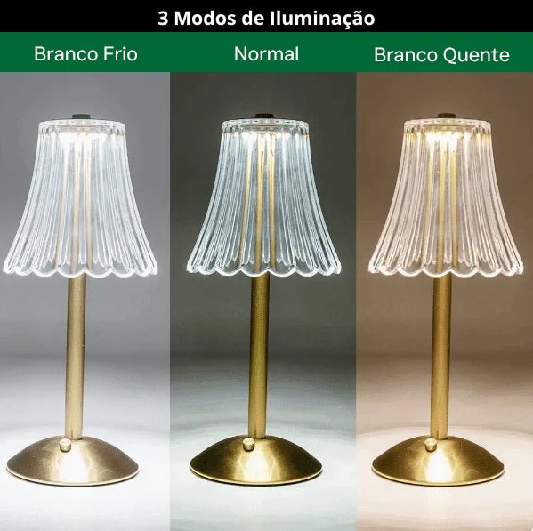 Abajur dourado em três modos de luz, branco frio, normal e branco quente