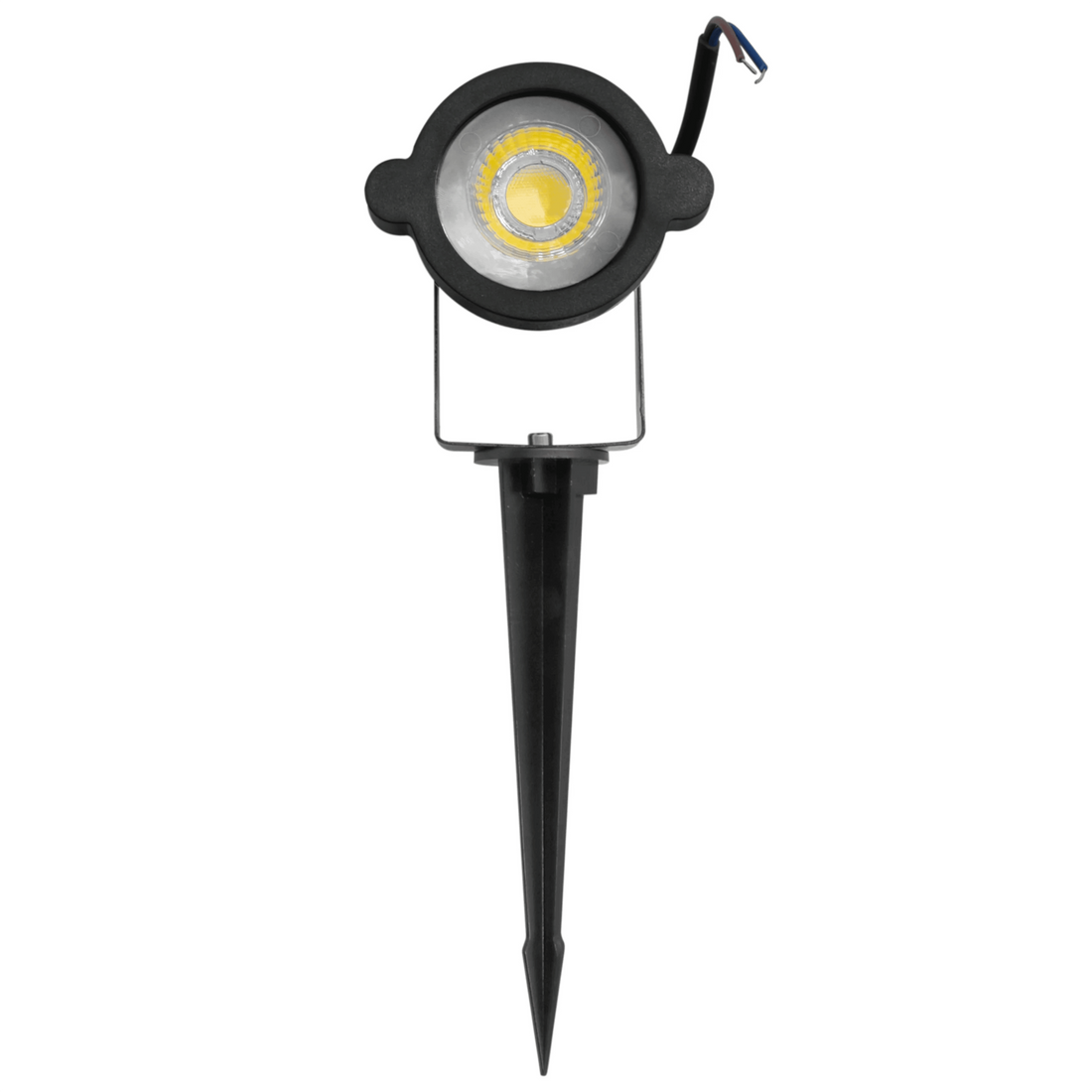 Espeto de jardim visto de frente, com o LED redondo no centro do refletor preto