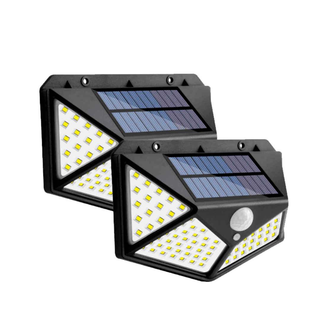 Duas luminárias solares lado a lado, com painel no topo e faces de LED