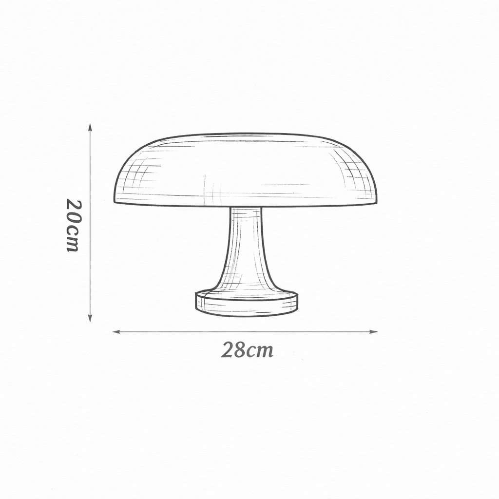 Desenho com as medidas da luminária cogumelo: 28 cm de diâmetro, 20 cm de altura