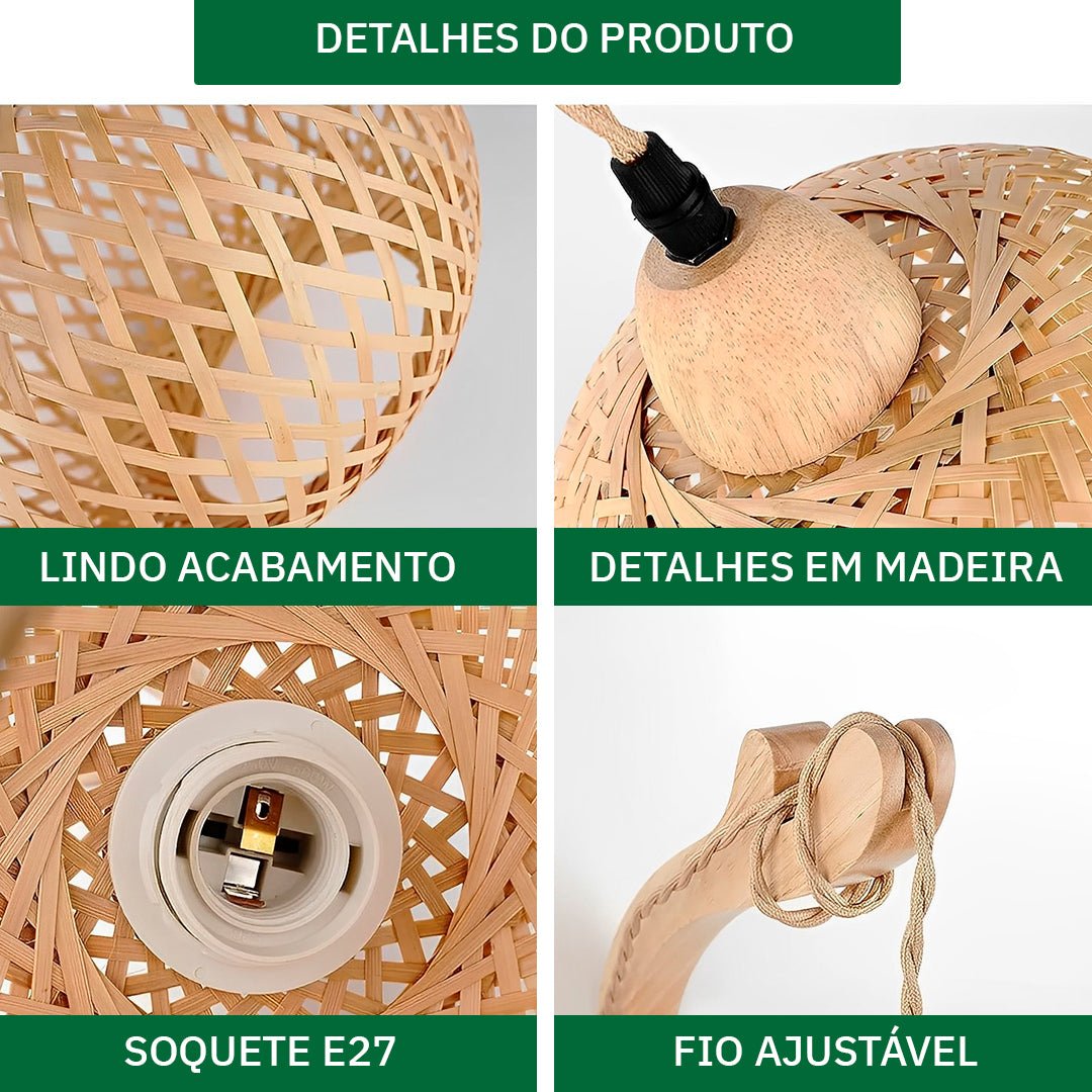 Trama de bambu, tampa de madeira, soquete E27 e fio ajustável, vistos de perto