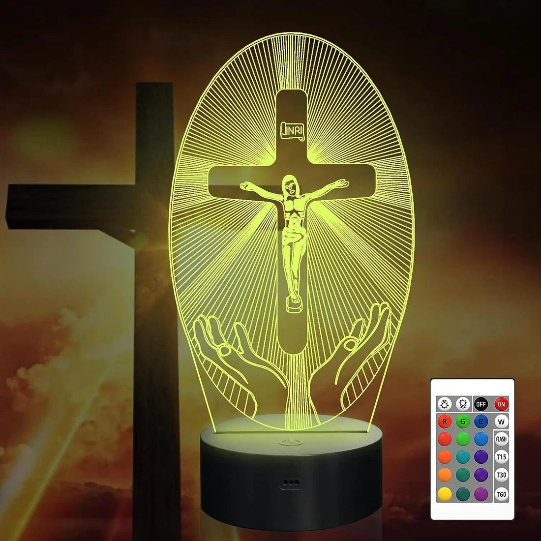 Painel oval aceso em amarelo diante da silhueta de uma cruz ao pôr do sol