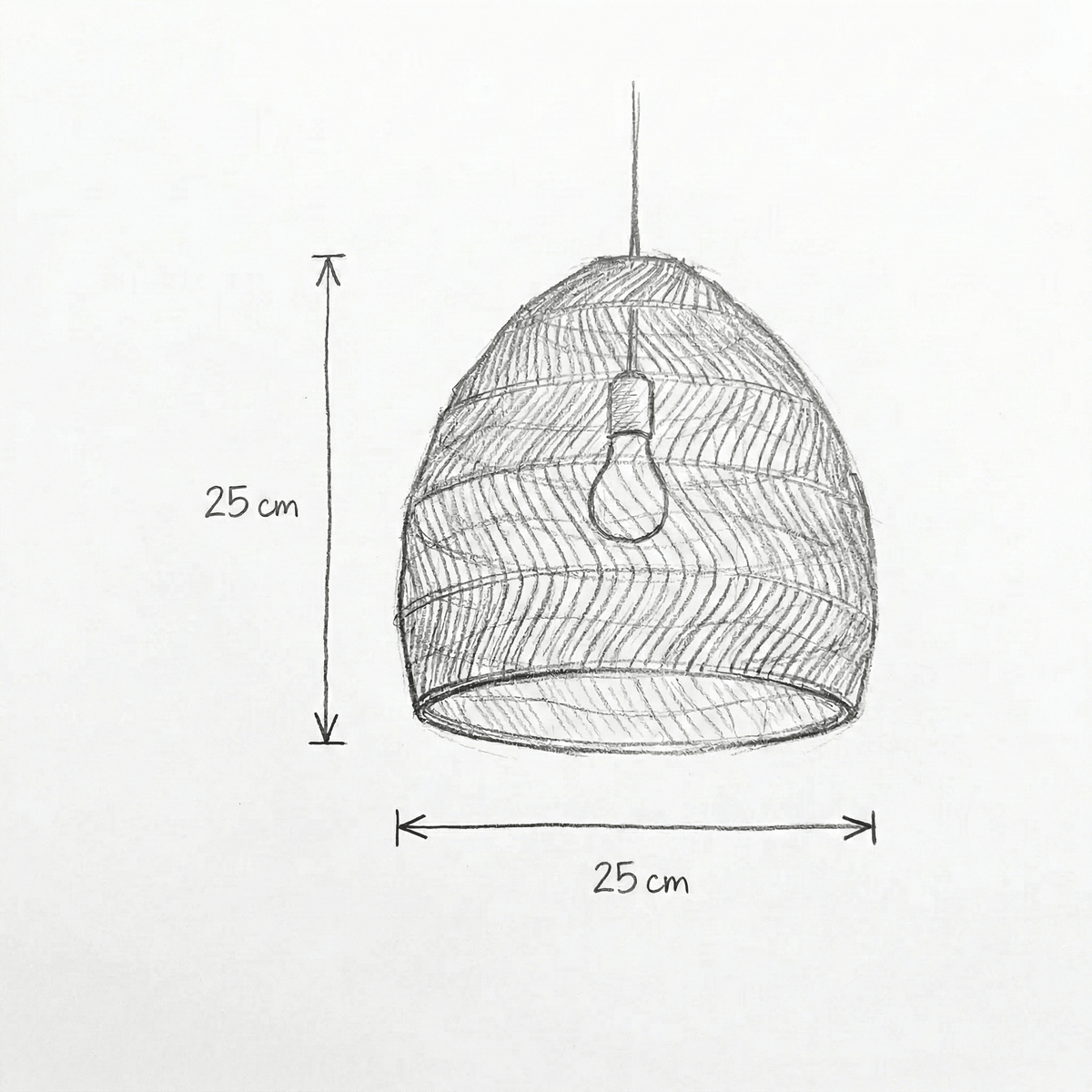 Desenho com as medidas de Pendente de rattan com trama artesanal
