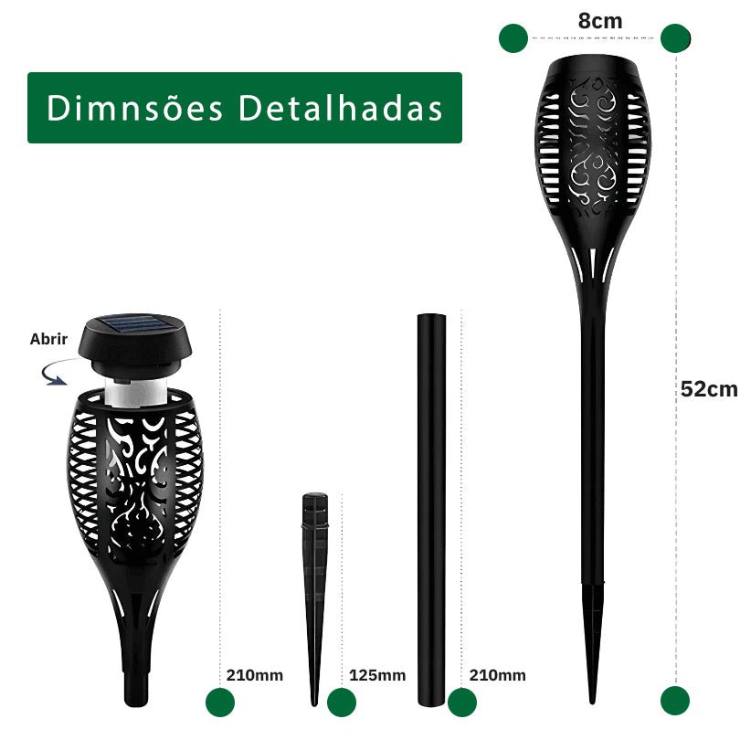 Desenho com as medidas de Luminária de jardim tocha solar de LED, efeito chama