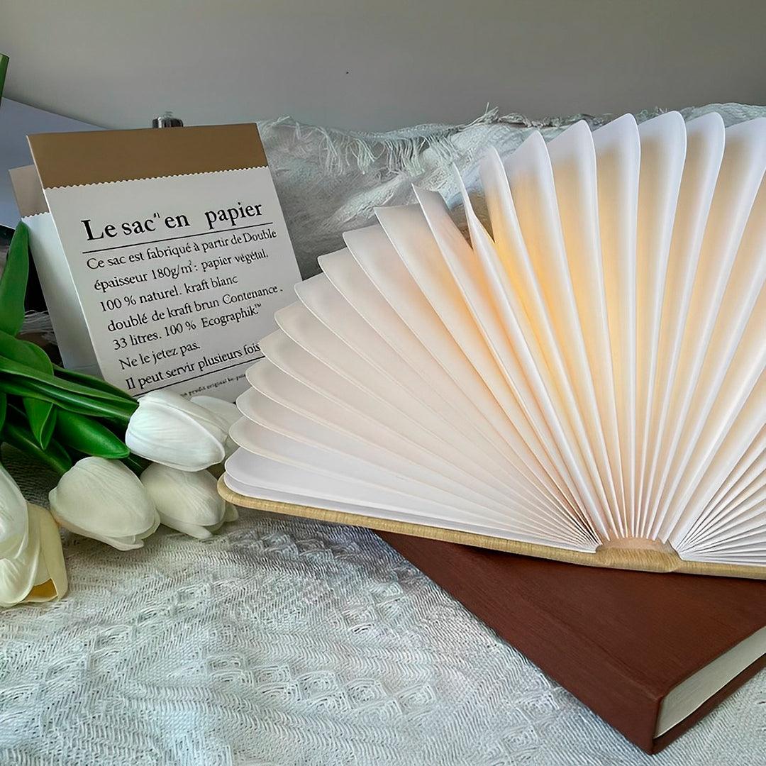 Folhas de papel em sanfona da luminária livro, apoiada sobre outro livro