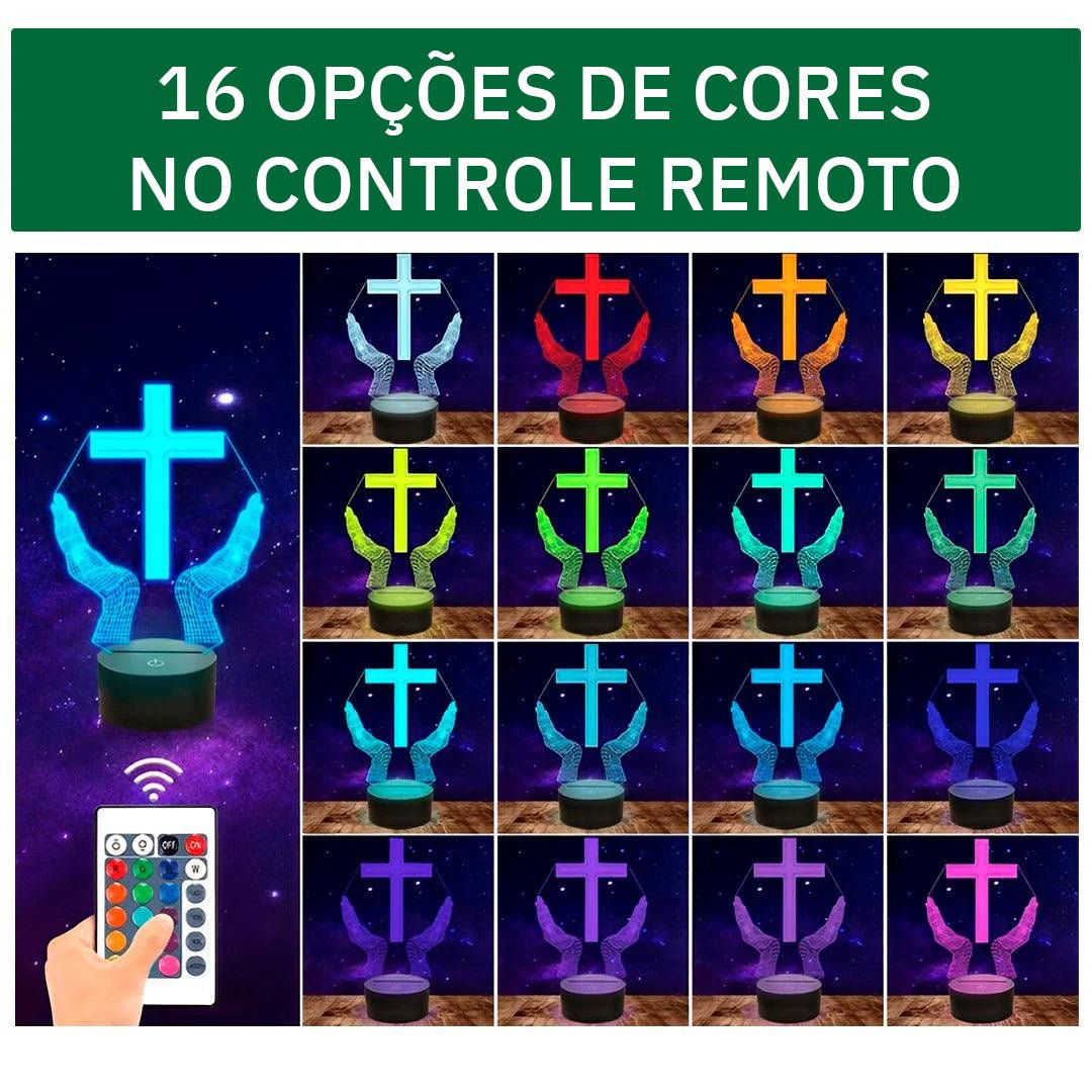 Montagem com a cruz acesa nas 16 cores e o controle remoto na mão
