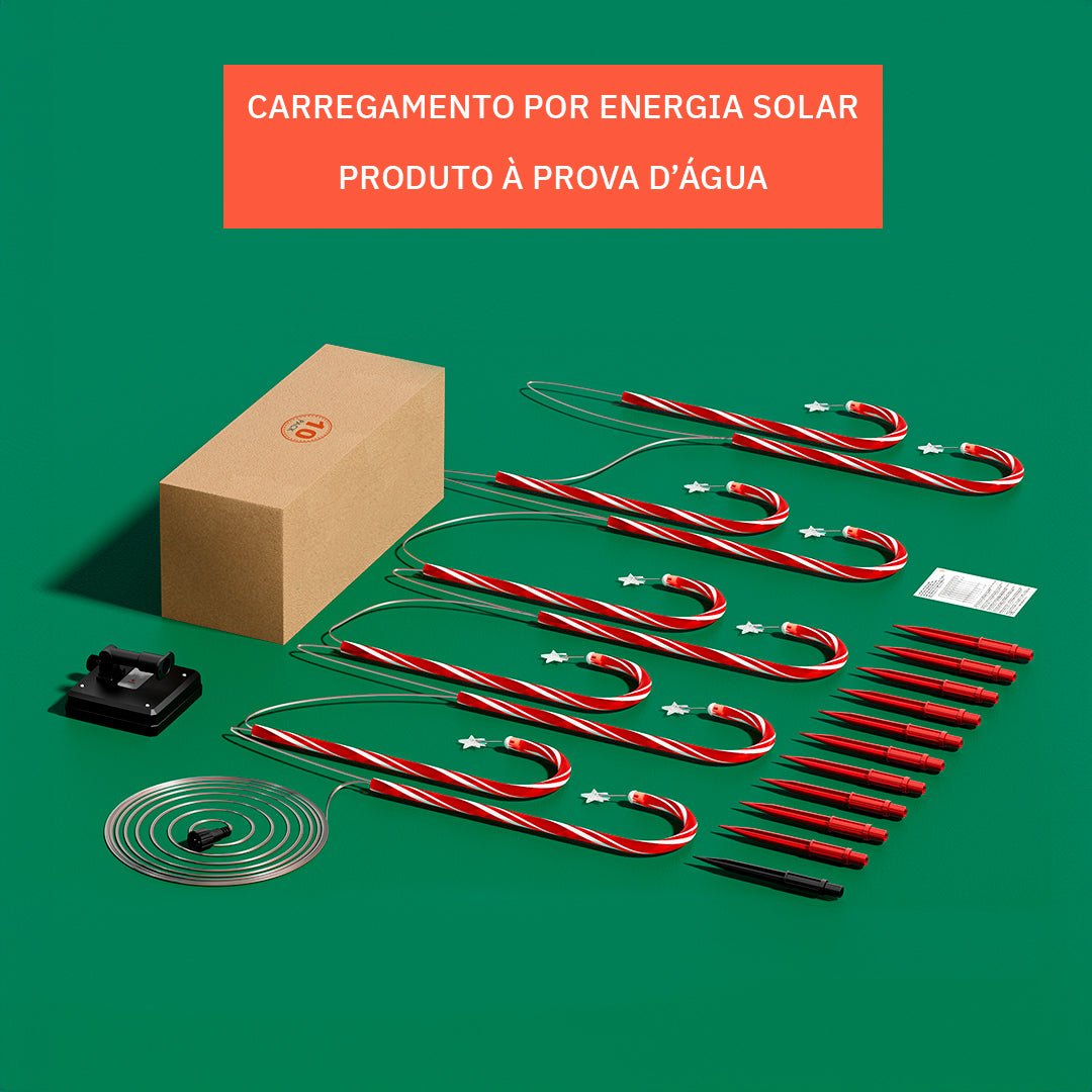 Conteúdo do kit com bengalas, estacas, painel solar, fio enrolado e caixa, sobre fundo verde