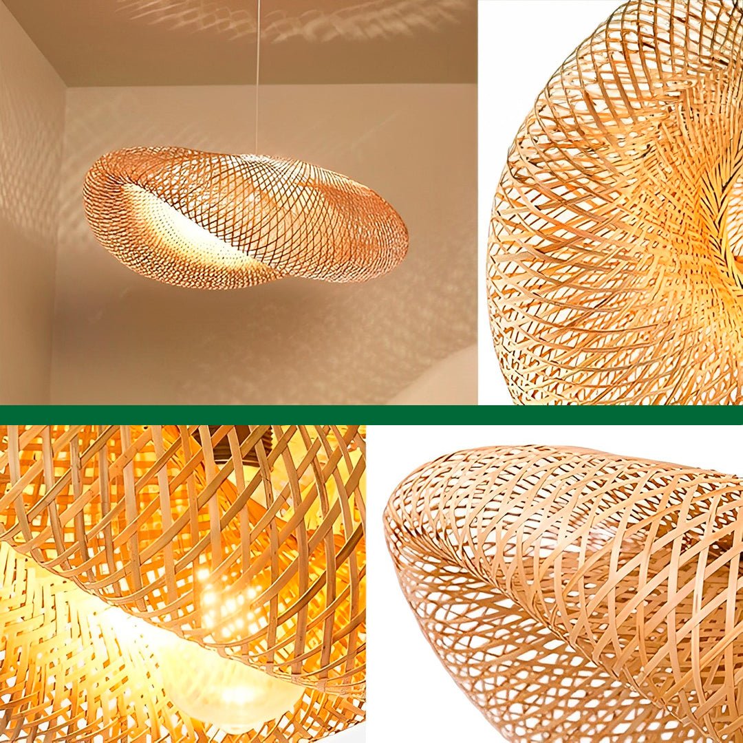 Montagem com cúpula de bambu acesa e três detalhes da trama aberta em losangos