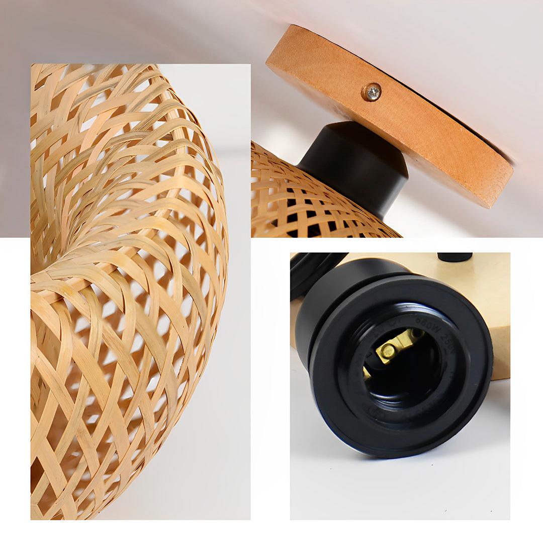 Trama cruzada de bambu, base de madeira com parafuso e soquete preto, vistos de perto