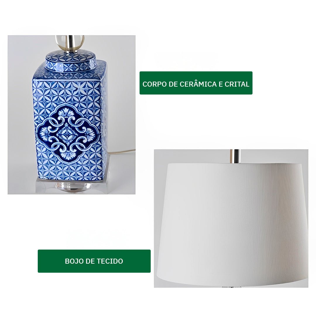 Abajur de Cerâmica Estilo Oriental em Porcelana Azul e Branco - Disponível na ProntoPraTi