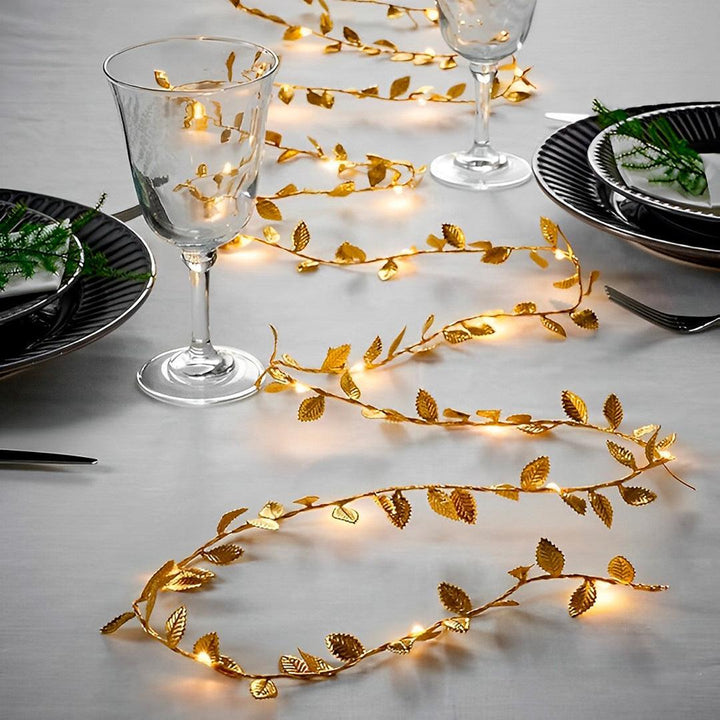 Fio de LED a pilha com folhas douradas ou prateadas