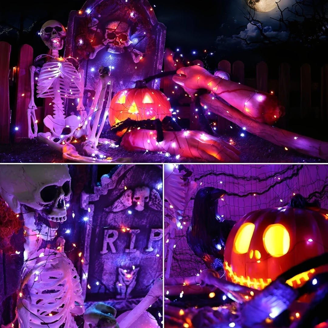 Esqueleto, lápide e abóboras iluminados por fio com LEDs laranja e roxos à noite