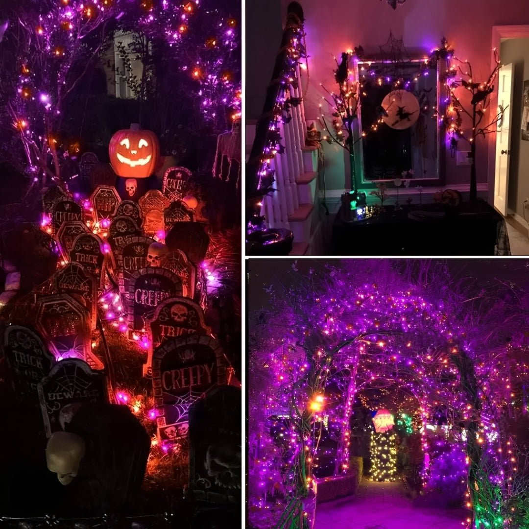 Pisca-pisca de Halloween com luzes laranja e roxas em jardim, arco de galhos e corrimão