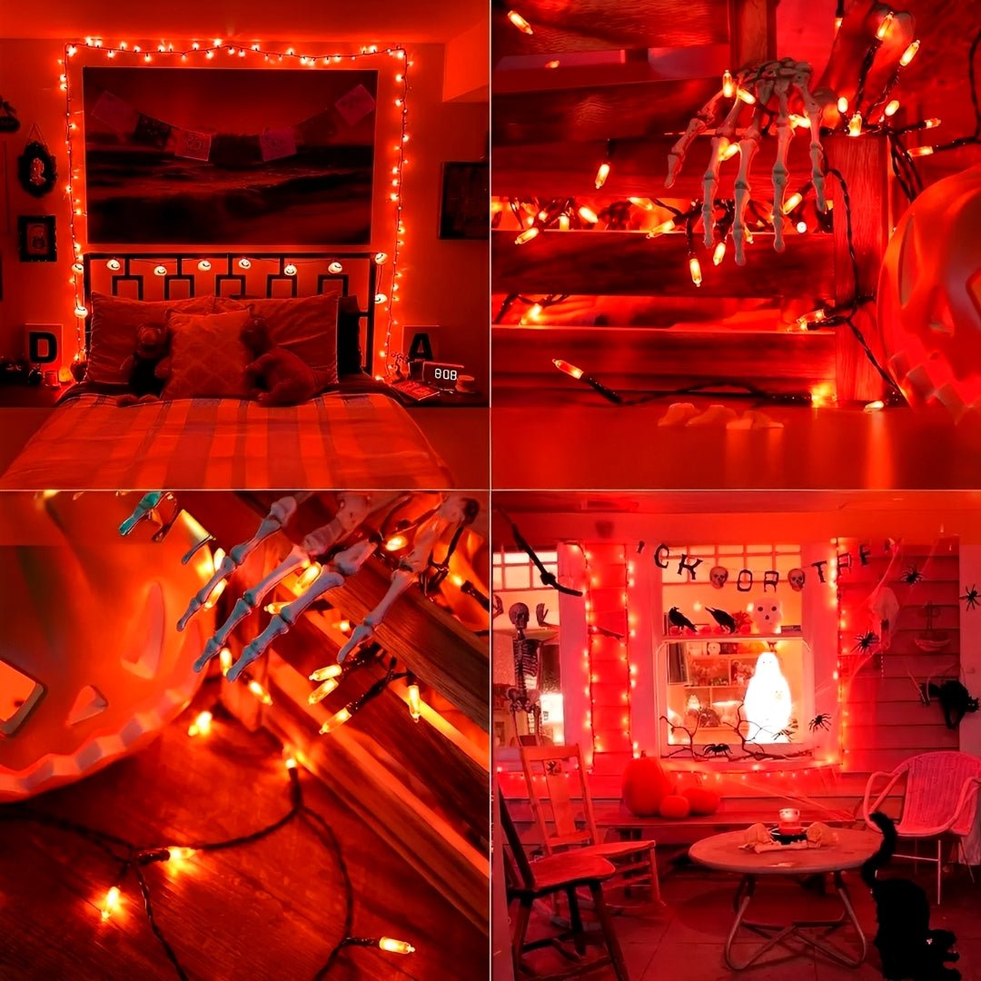 Quarto, mão de esqueleto, abóbora e varanda iluminados em laranja pelo fio de LEDs