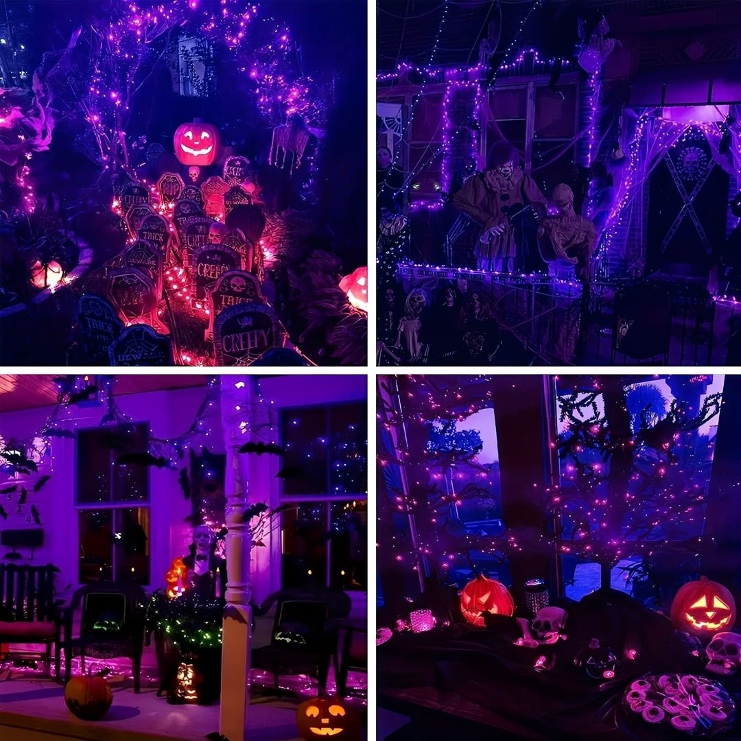 Quatro cenas de casas e jardins decorados com luz roxa e laranja no Halloween