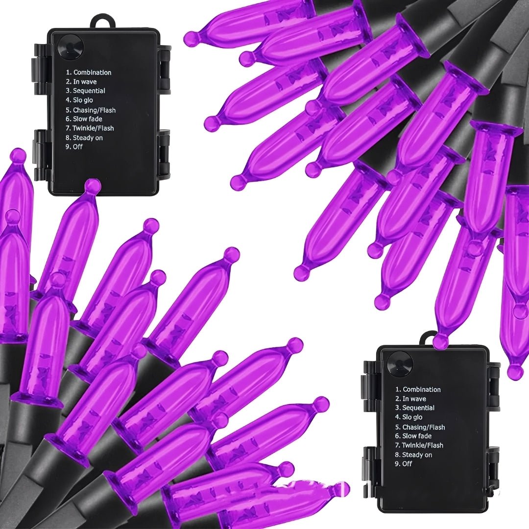 LEDs roxos alongados no fio preto, com duas caixas e a lista de modos