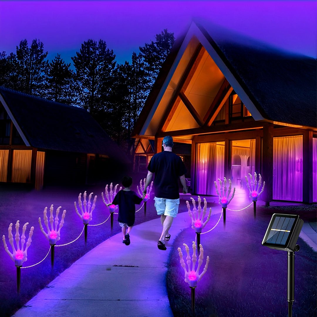 Espeto Solar Mão de Caveira – Luz Roxa Halloween - Disponível na ProntoPraTi