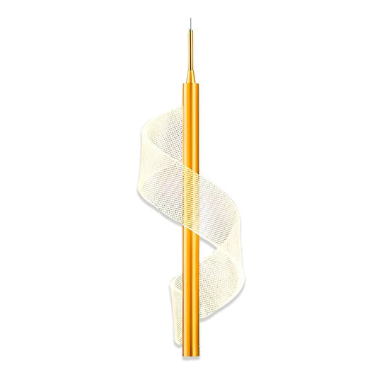 Pendente dourado com fita de acrílico em espiral em volta da haste, em fundo branco