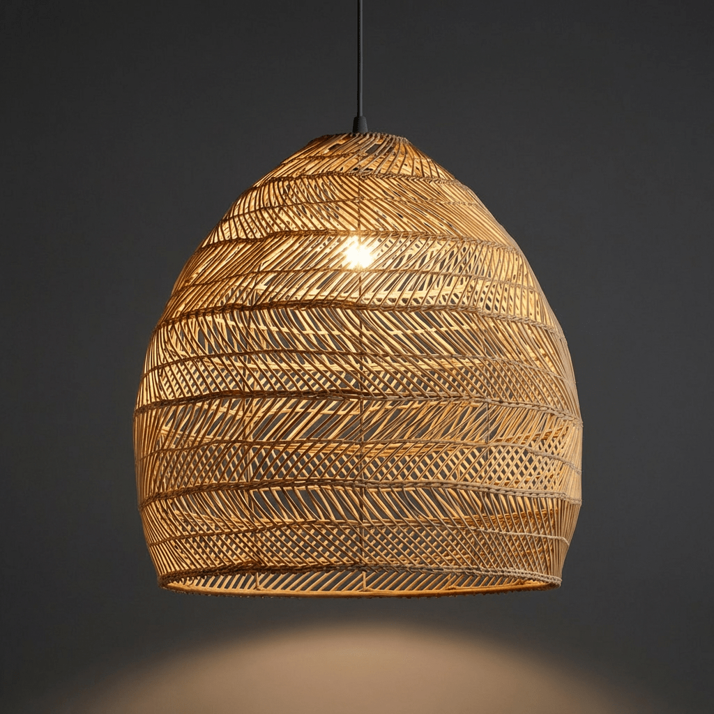 Pendente de rattan aceso em fundo escuro, com a luz descendo pela base aberta