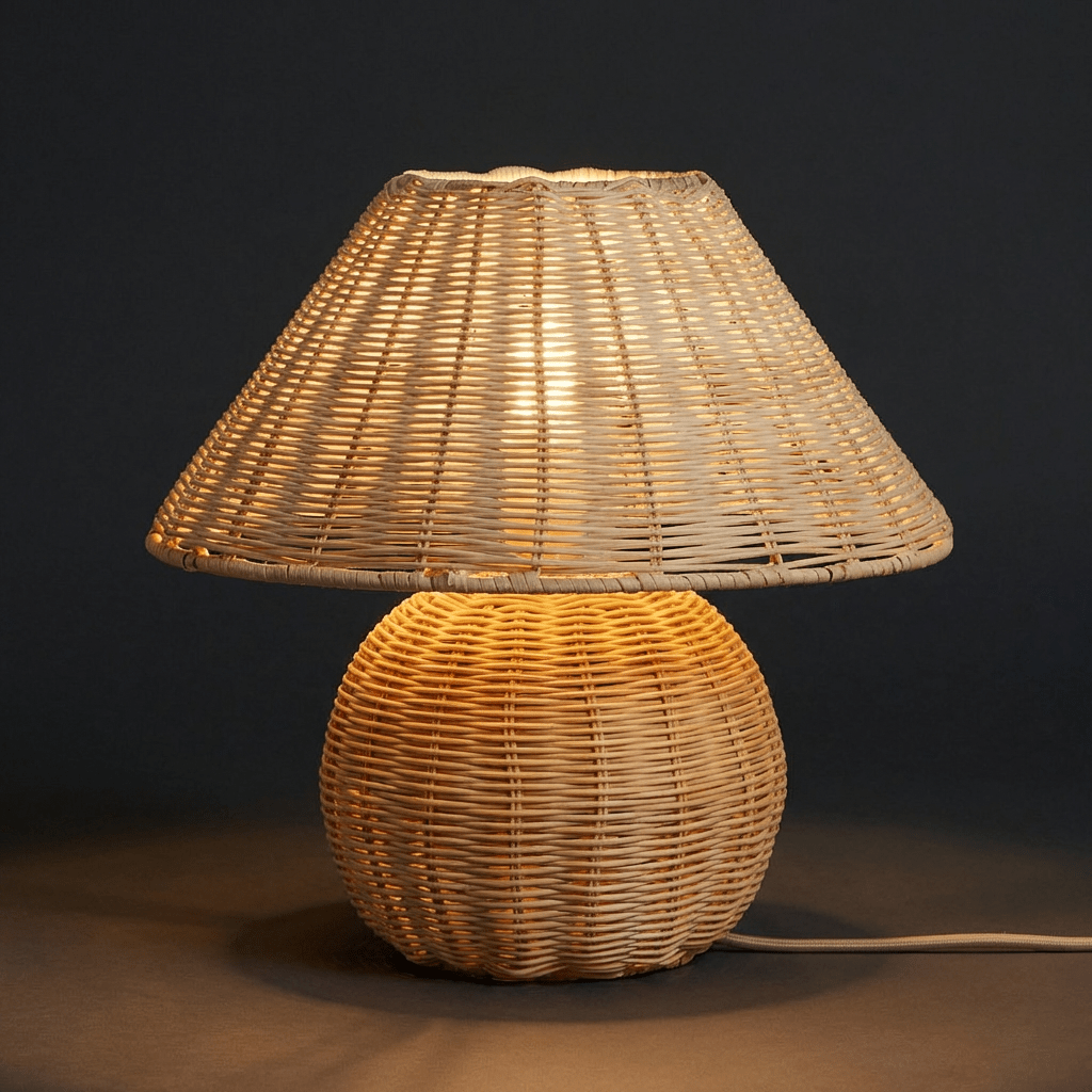 Abajur cogumelo de rattan aceso em fundo escuro, com a luz passando pela trama