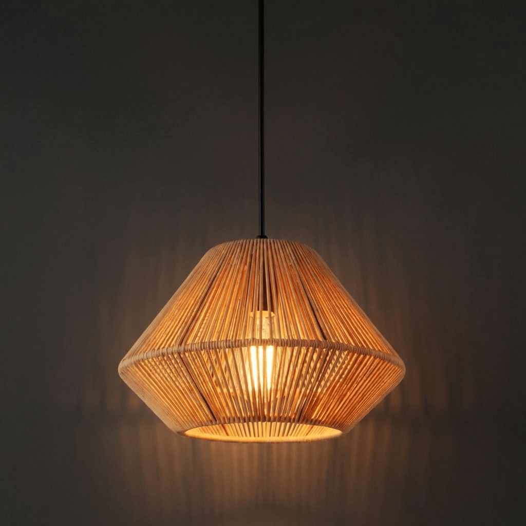 Lustre de corda aceso em fundo escuro, com luz quente passando entre os fios