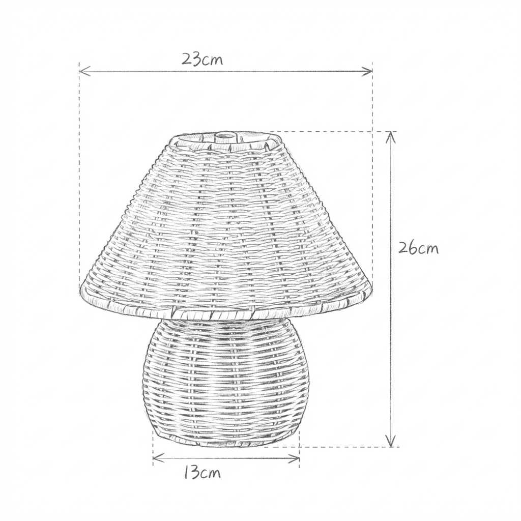 Desenho com as medidas, 26 cm de altura e cúpula de 23 cm