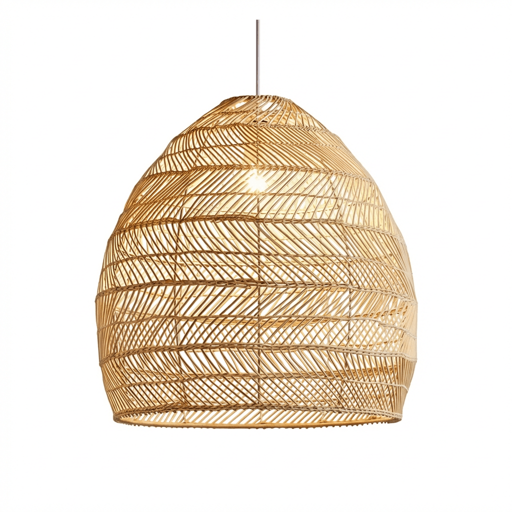 Pendente de rattan de cúpula alta com trama em espinha de peixe, em fundo branco