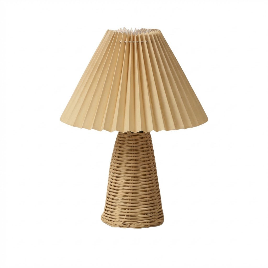 Luminária de Mesa de Palha Bambu com Cúpula Plissada em Tecido Creme - Disponível na Luzzart