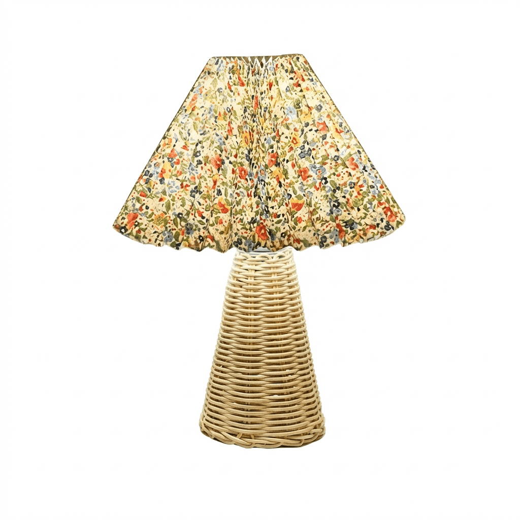 Luminária de Mesa de Palha Bambu com Cúpula Plissada em Tecido Creme - Disponível na Luzzart