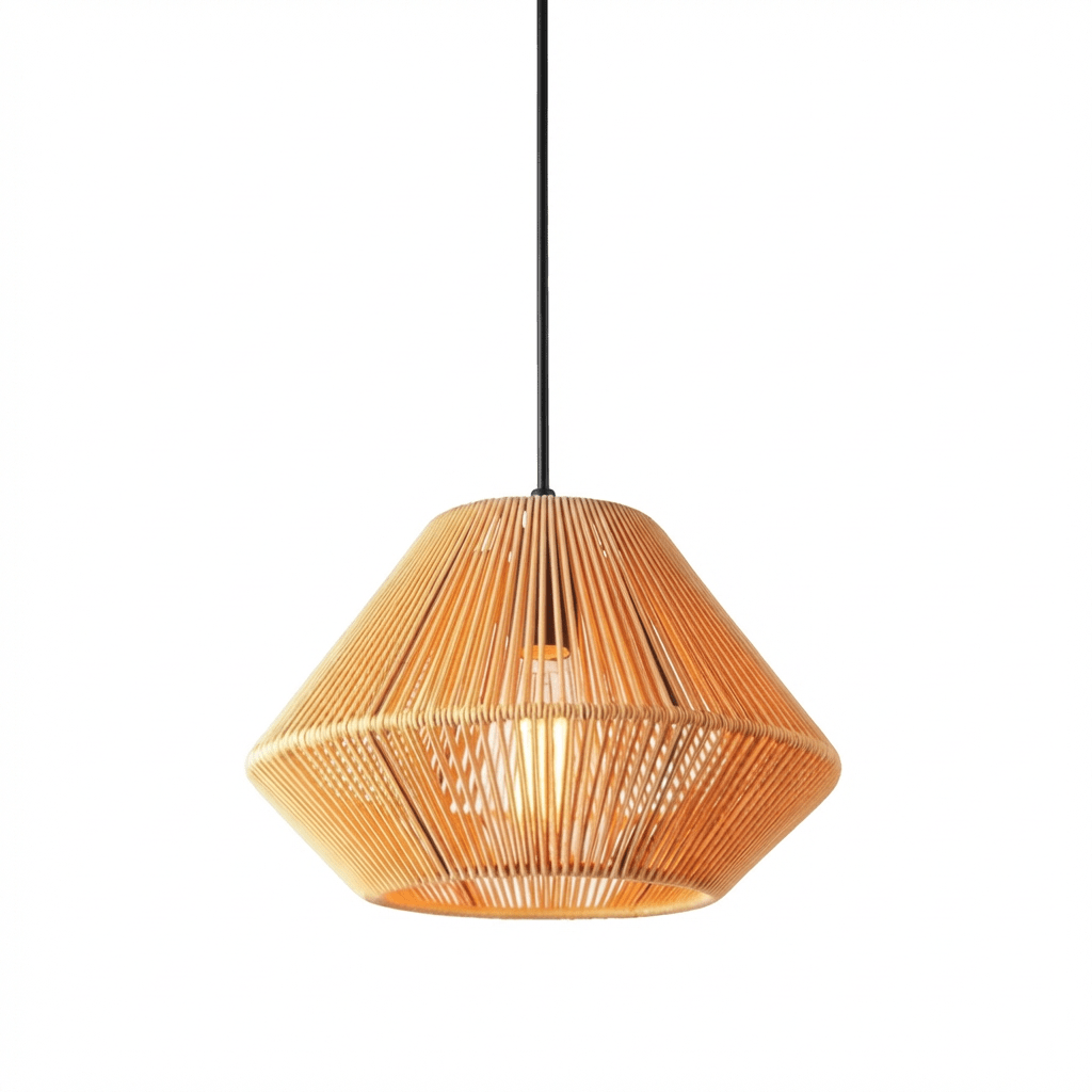 Lustre de corda em formato diamante, com cabo preto, em fundo branco