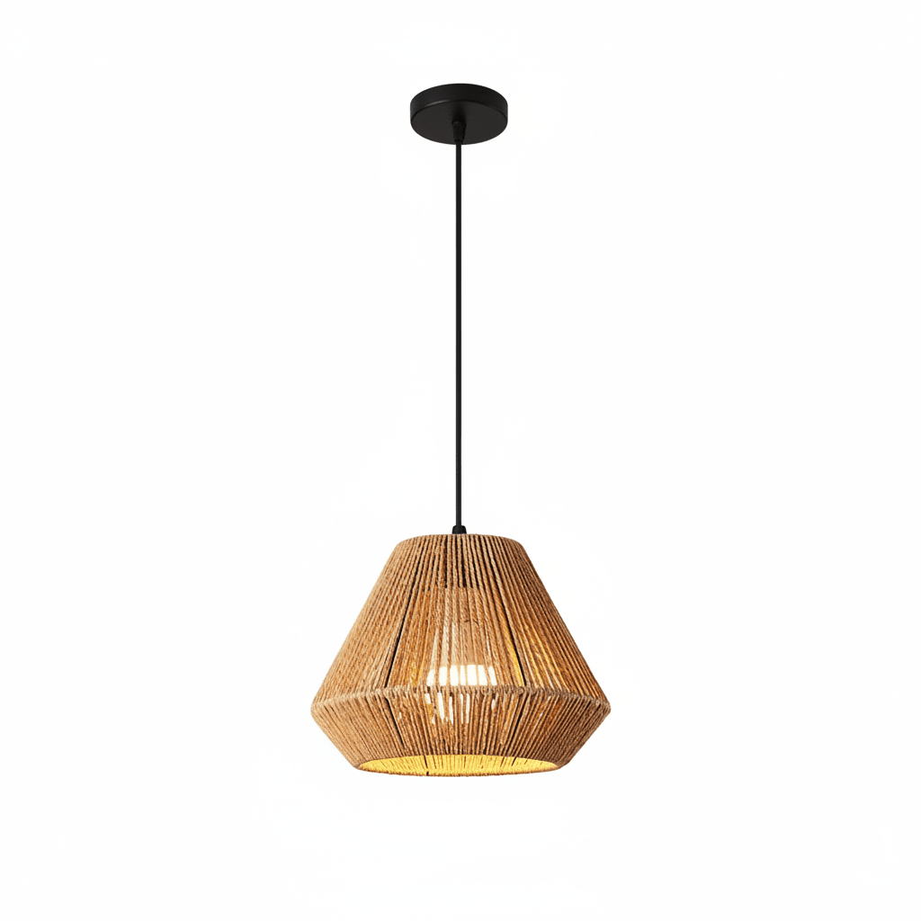Lustre de corda com cabo e canopla pretos, visto inteiro em fundo branco