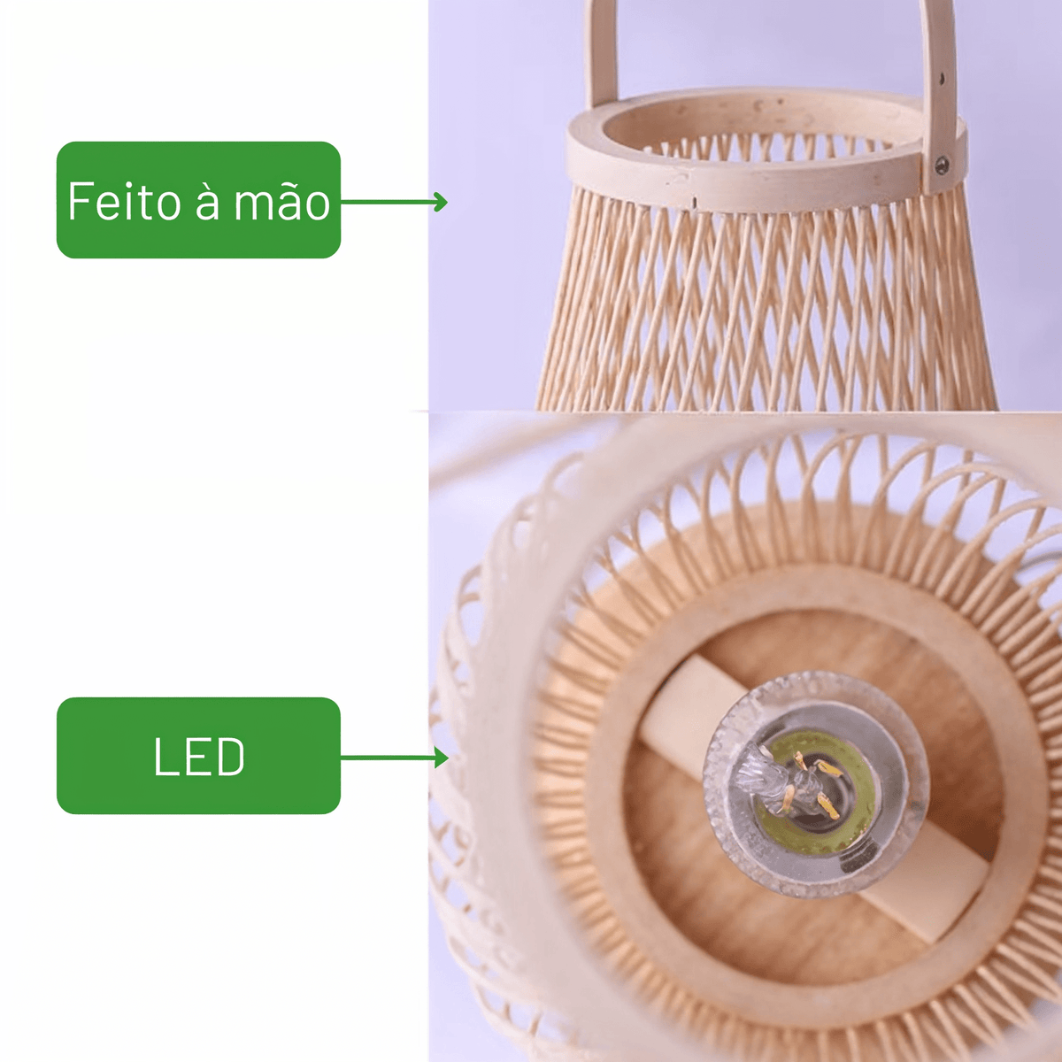 Luminária de Mesa de Palha Bambu Tipo Lanterna com Alça e Trama Aberta - Disponível na Luzzart