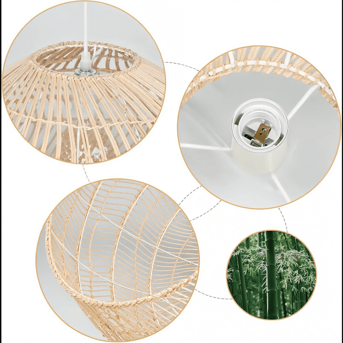 Quatro detalhes ampliados da trama, do soquete e da borda, com bambu verde